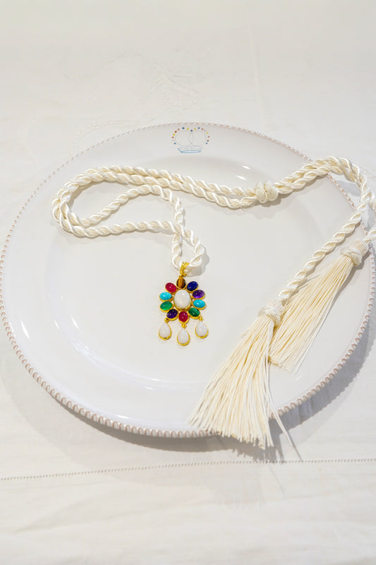Collana - Ciondolo Flower Power con pietra di quarzo bianco e pietre Tutti Frutti