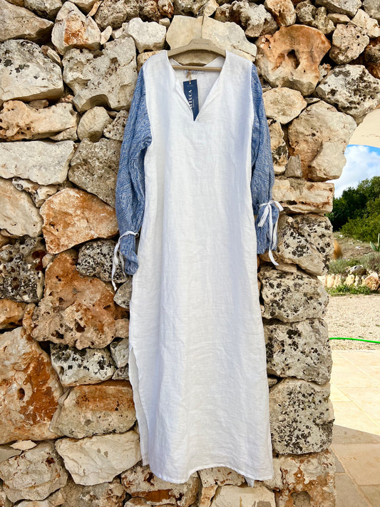 Dress -  White linen and old blue Italian fabric
