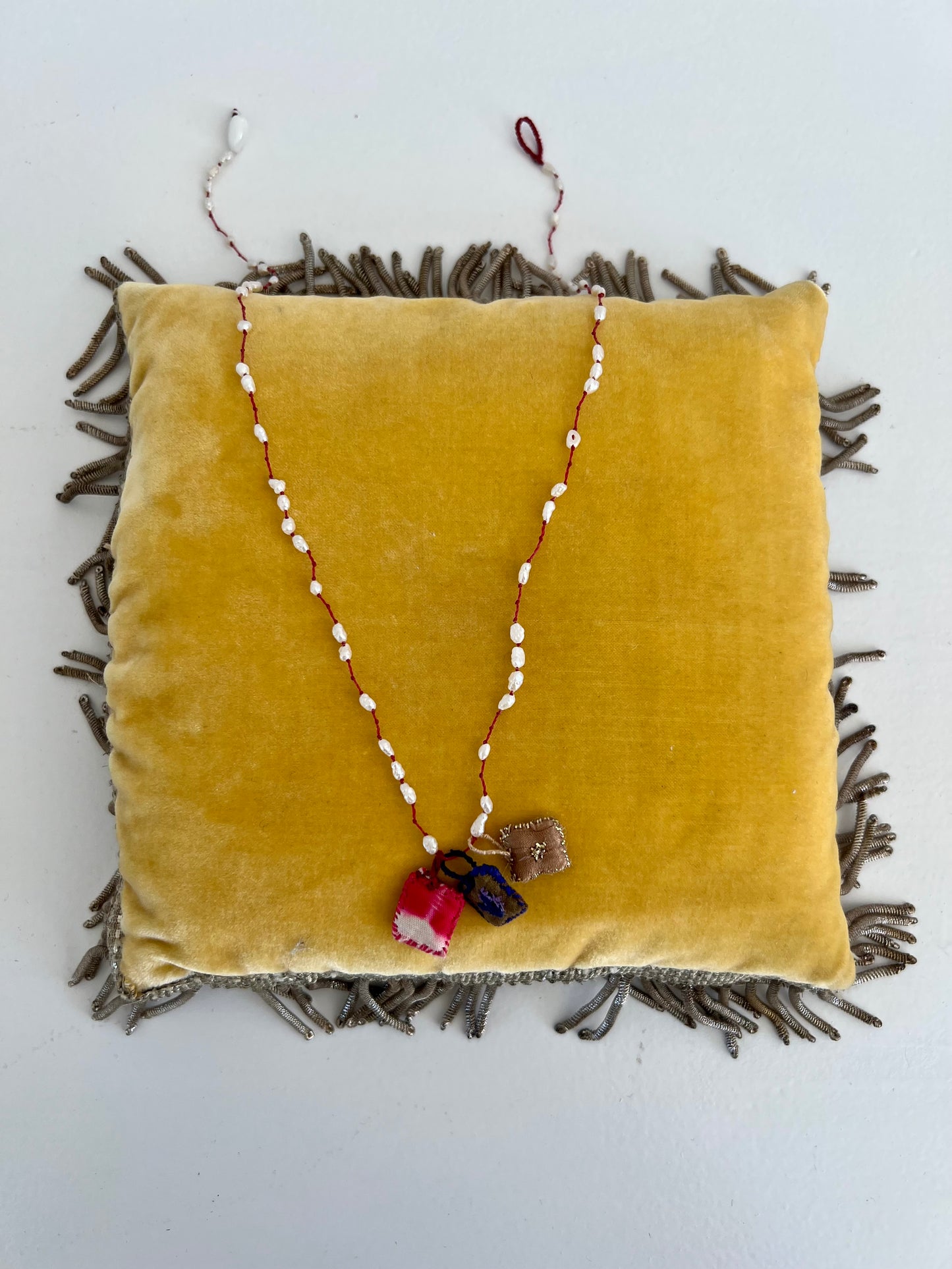 Necklace - ‘Sophia’ Mother Pearl necklace with tie and dye red, brown,  cushions