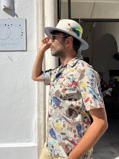Shirt Men  - Unisex Short Sleeve Cotton Shirt Cream printed
