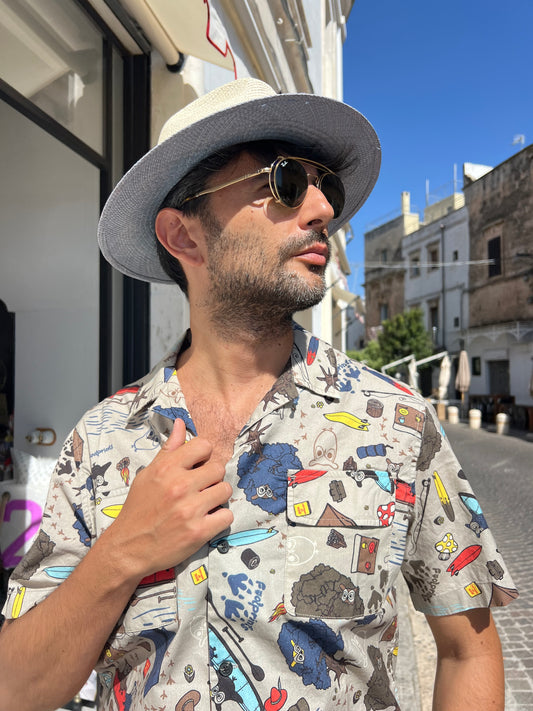 Shirt Men  - Unisex Short Sleeve Cotton Shirt Cream printed