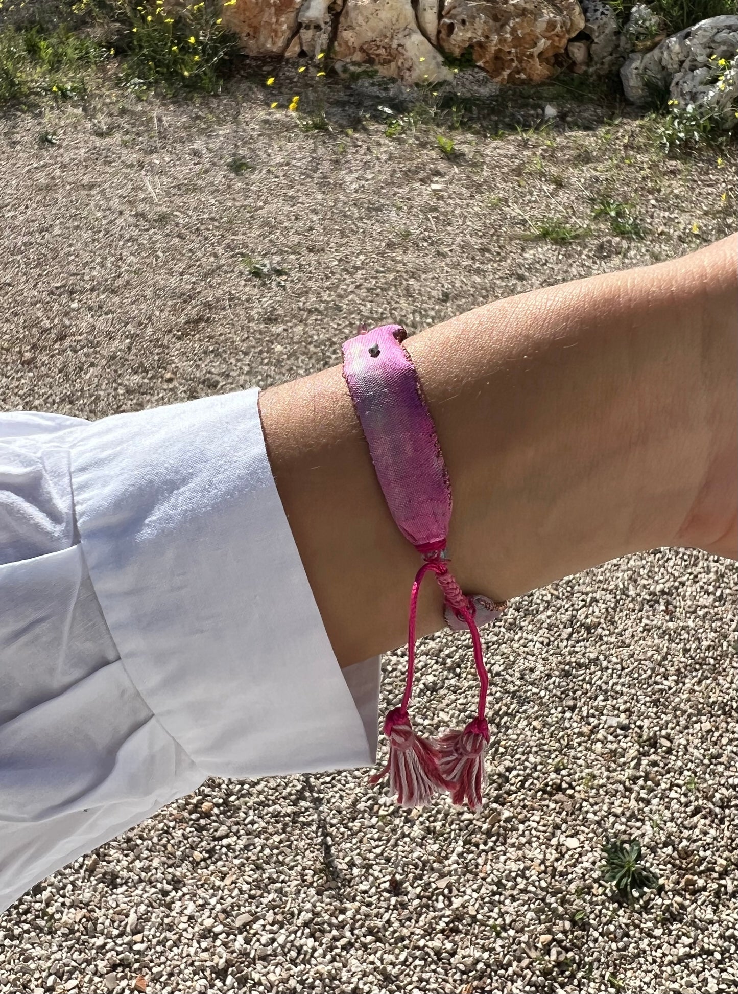 Bracelet - ‘Jacaranda’ The Adjustable Silk Embroidered bracelet tie & dye Pink and Purple