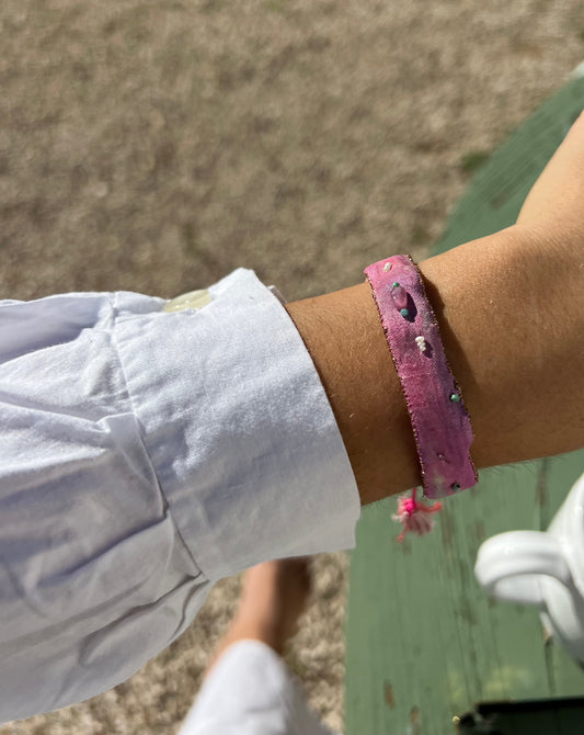 Bracelet - ‘Jacaranda’ The Adjustable Silk Embroidered bracelet tie & dye Pink and Purple