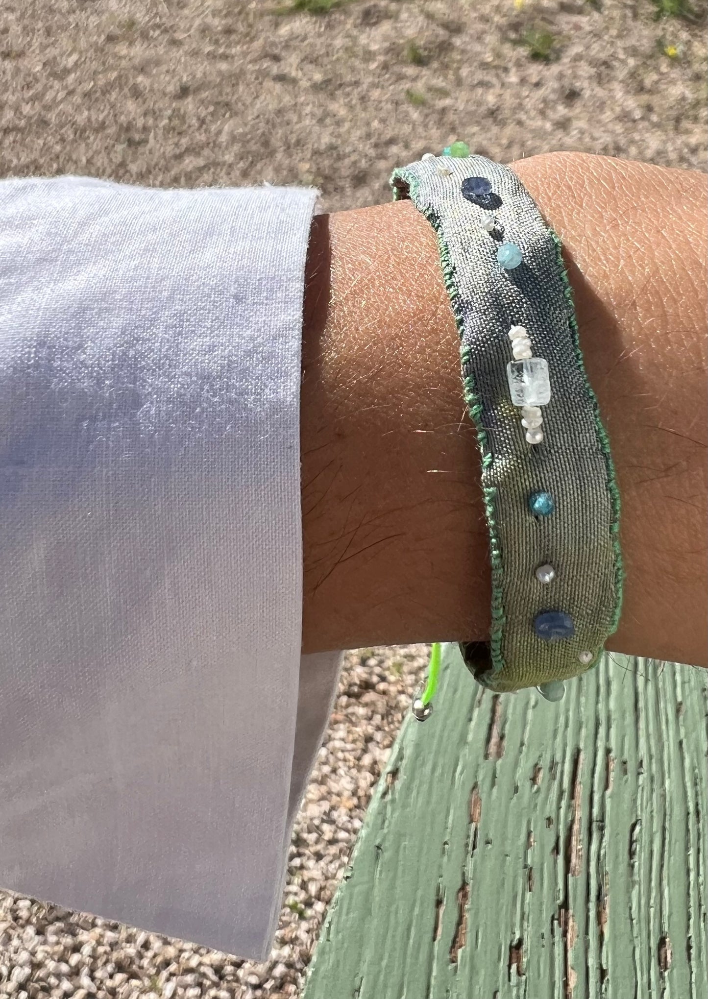 Bracelet - ‘Jacaranda’ The Adjustable Silk Embroidered bracelet tie and dye Blue Green