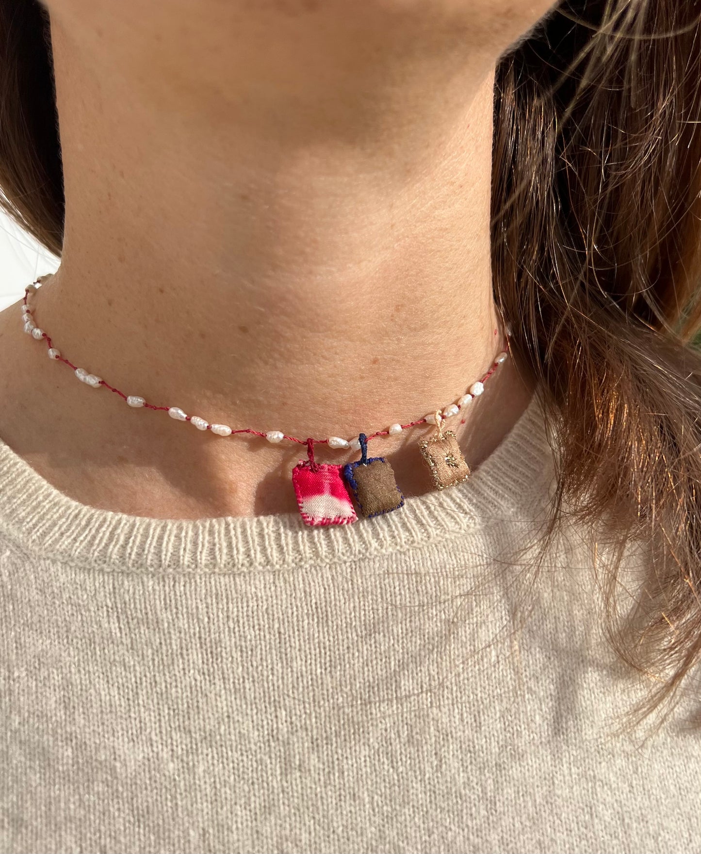 Necklace - ‘Sophia’ Mother Pearl necklace with tie and dye red, brown,  cushions