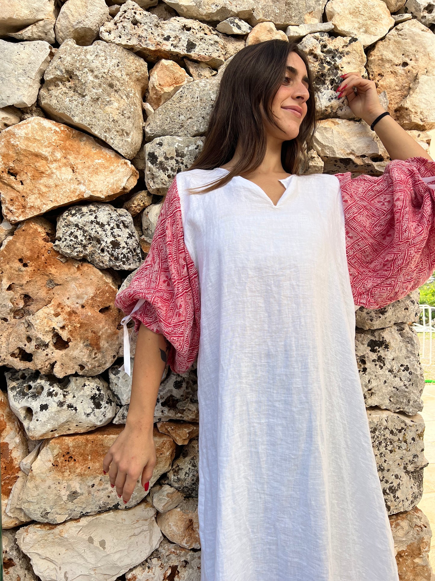 Dress -  White linen and old red Italian fabric