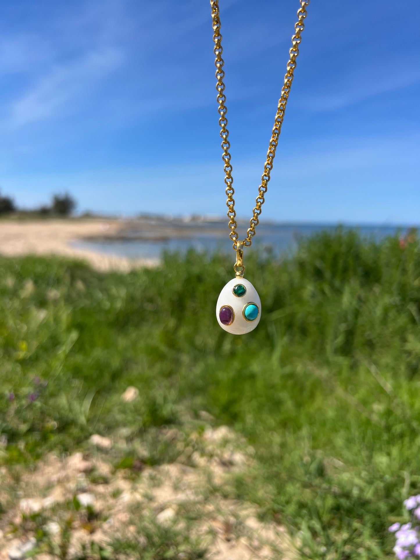Necklace- White Quartz Egg with Malachite, Turquoise and Amethyst