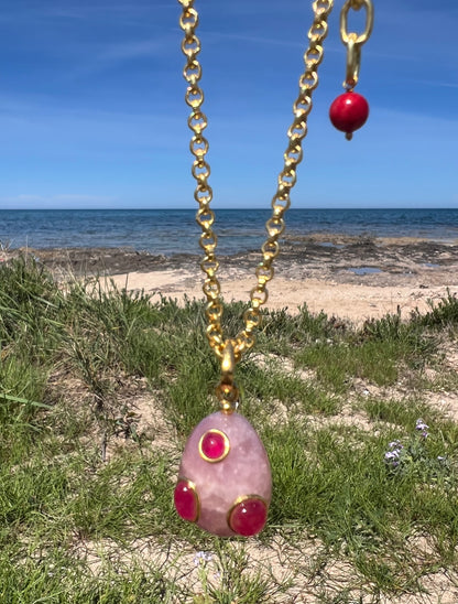 Necklace- Rose Quartz Egg with Turquoise, Pink Quartz