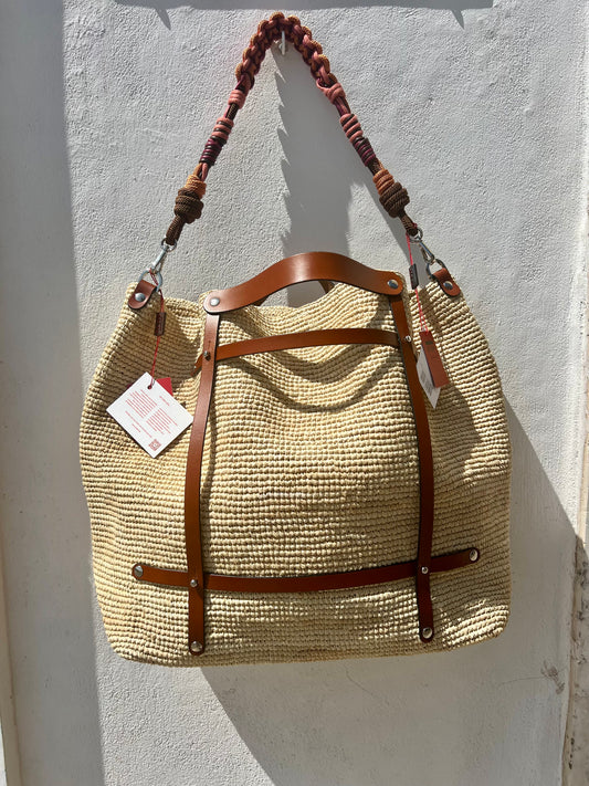 Borsa - Borsa in rafia naturale CANDIDE con tracolla in cotone multicolore