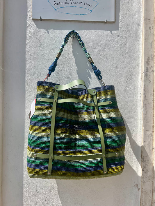 Borsa - Borsa CANDIDE TD Blu in rafia con tracolla in cotone multicolore