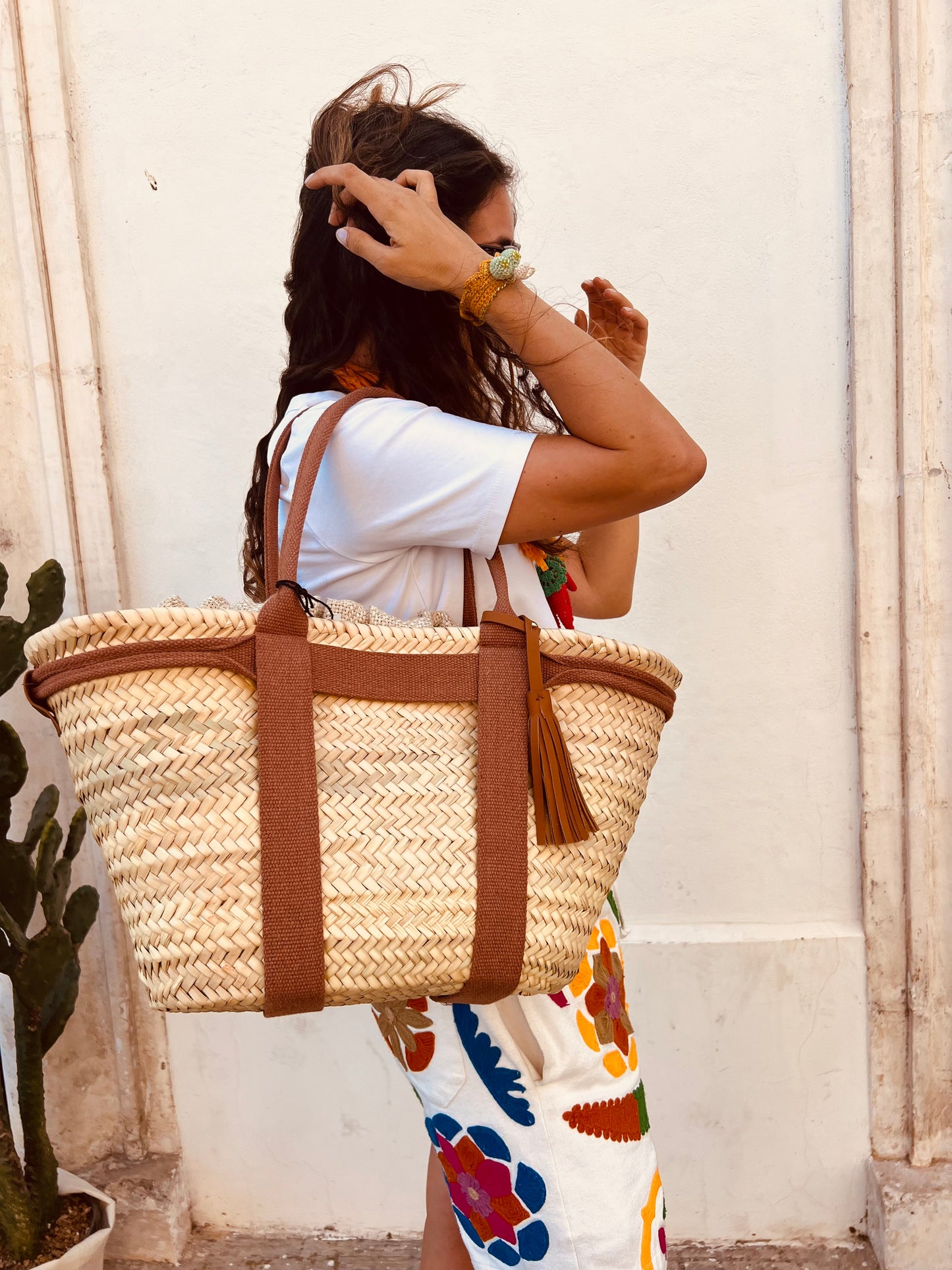 Borsa - CRETA Cestino Grande in Palma Naturale/Tabacco