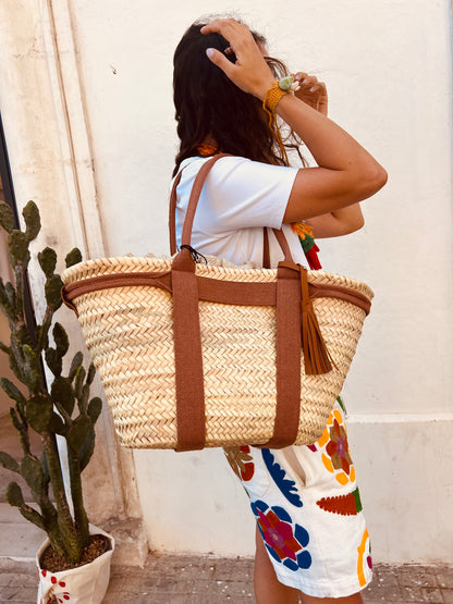 Borsa - CRETA Cestino Grande in Palma Naturale/Tabacco