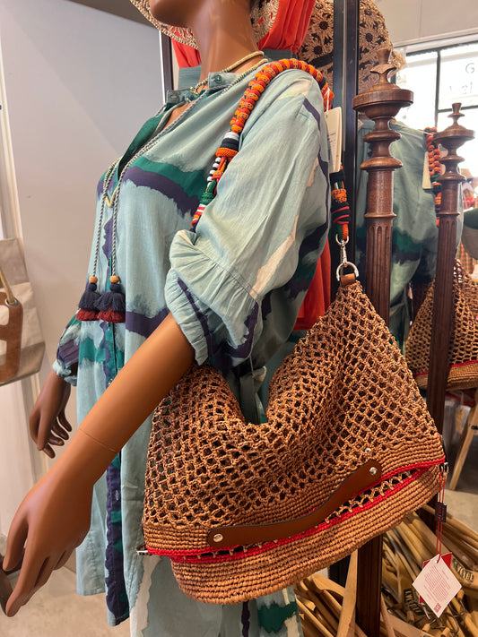 Borsa - Borsa in rafia naturale CCOLIN con tracolla in cotone multicolore