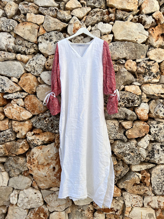 Dress -  White linen and old red Italian fabric