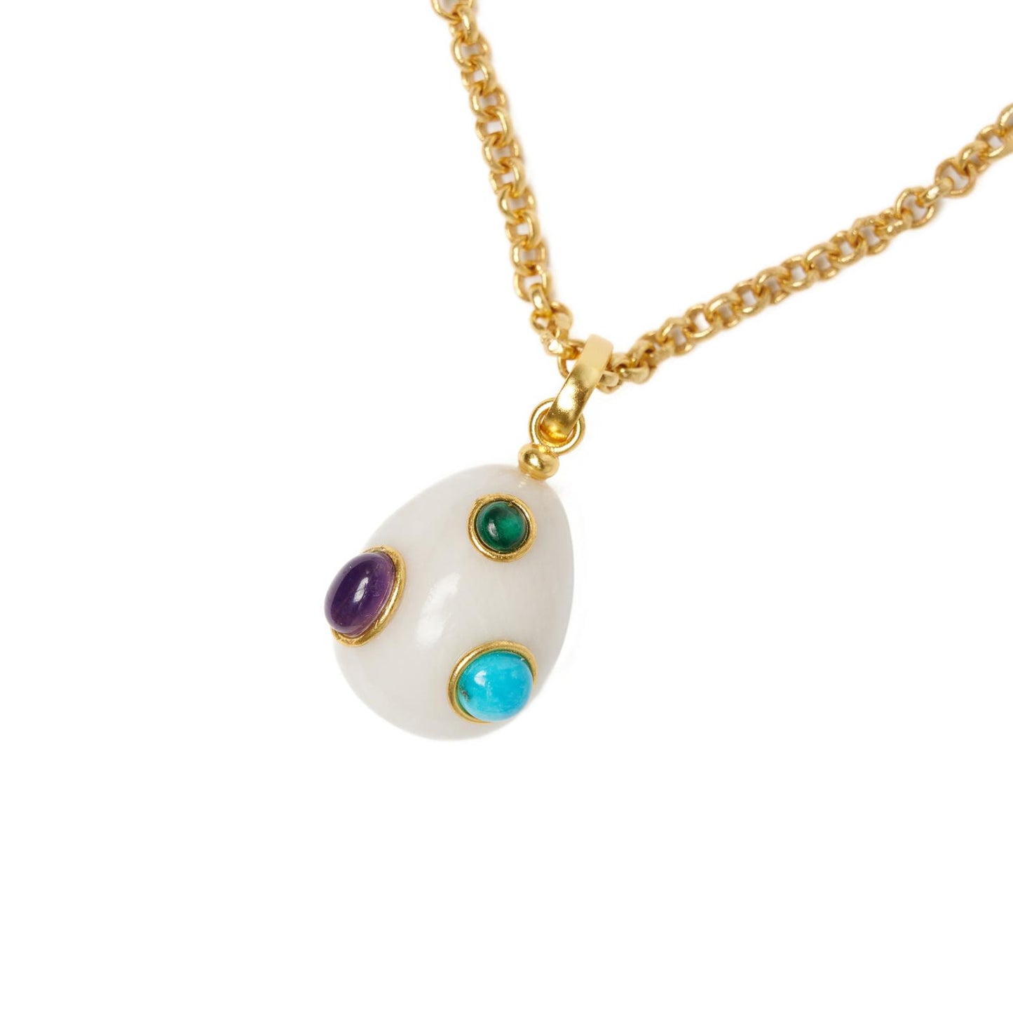 Necklace- White Quartz Egg with Malachite, Turquoise and Amethyst