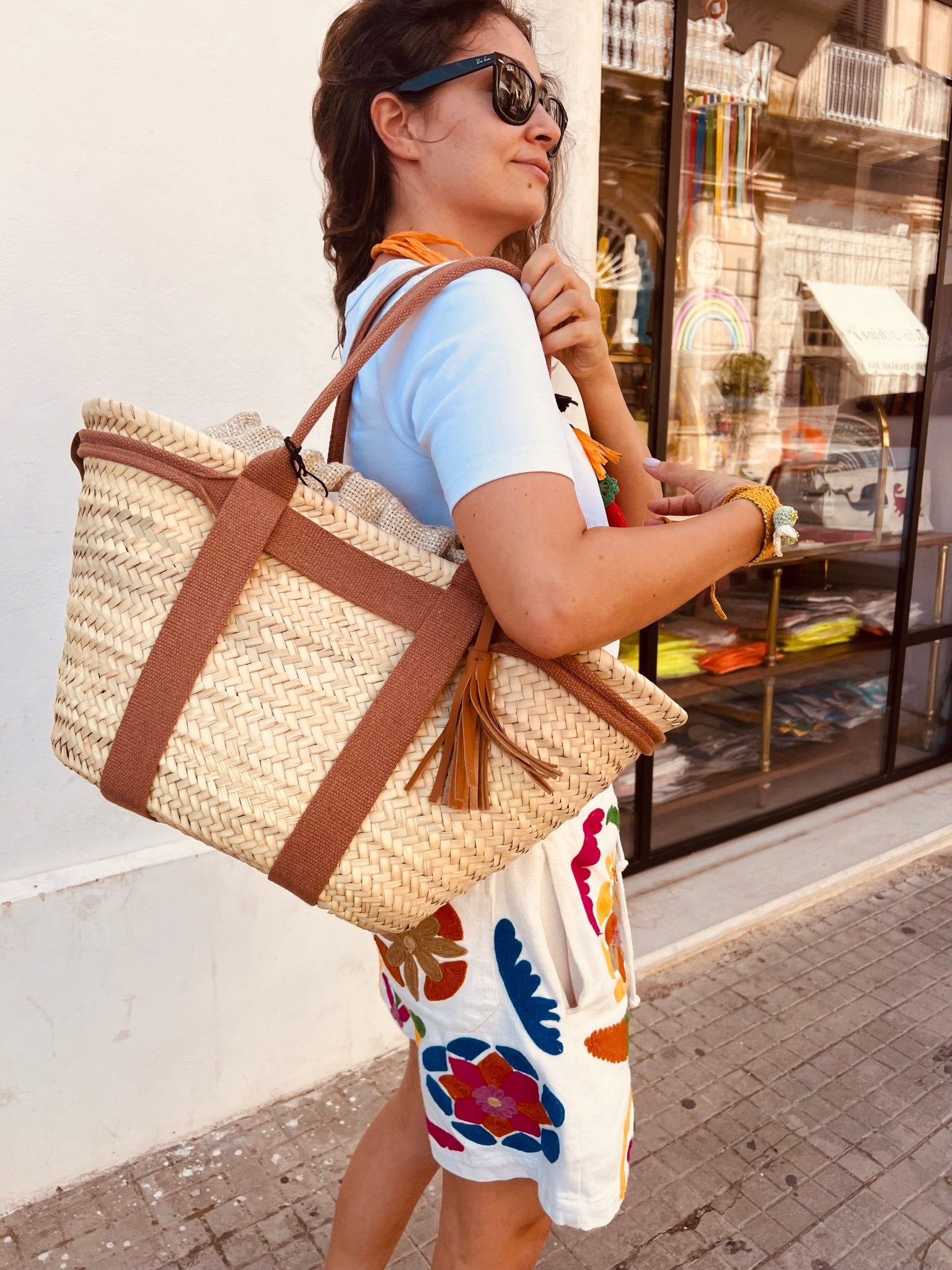 Bag - CRETA Large Palm Basket Natural/Tabacco