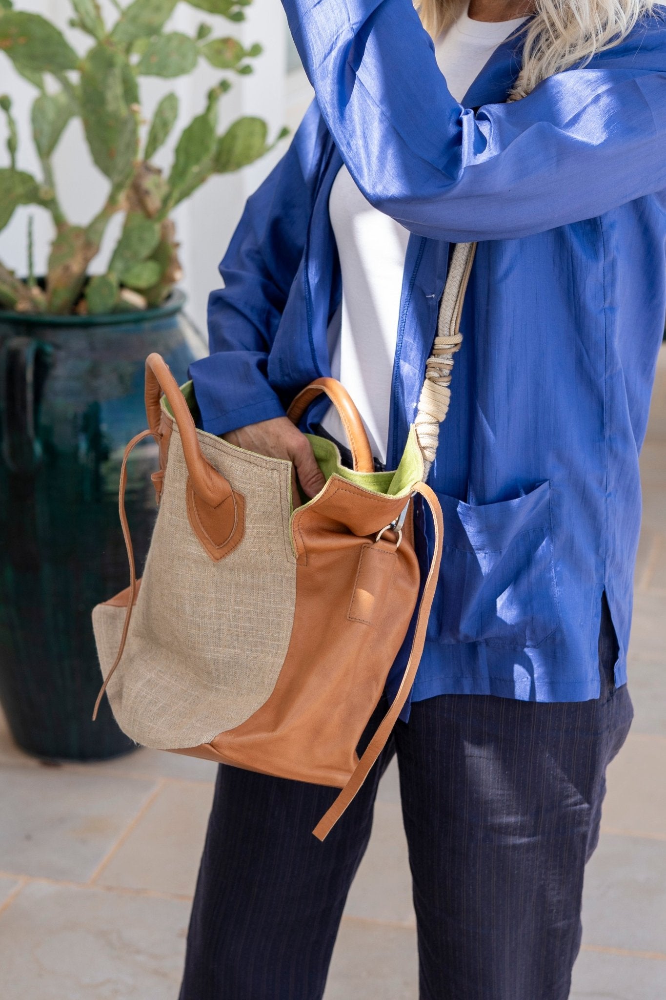 Bag - Medium Bag Linen And Leather Cognac Nappa Green