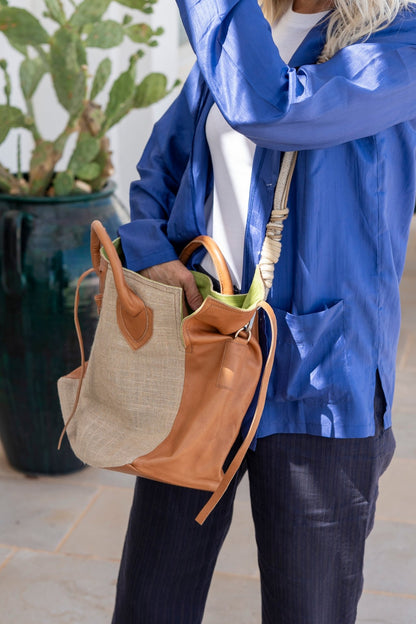 Bag - Medium Bag Linen And Leather Cognac Nappa Green