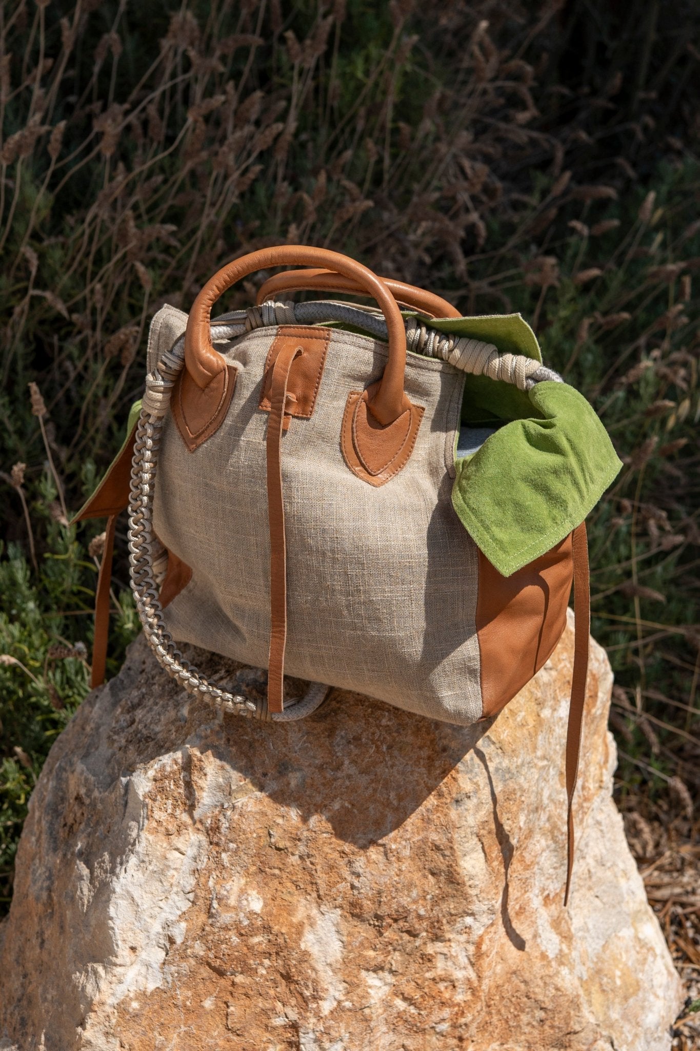 Bag - Medium Bag Linen And Leather Cognac Nappa Green