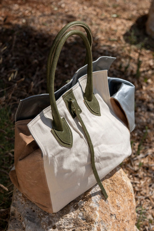 Bag - Medium Bag Linen And Leather Silver Kaki