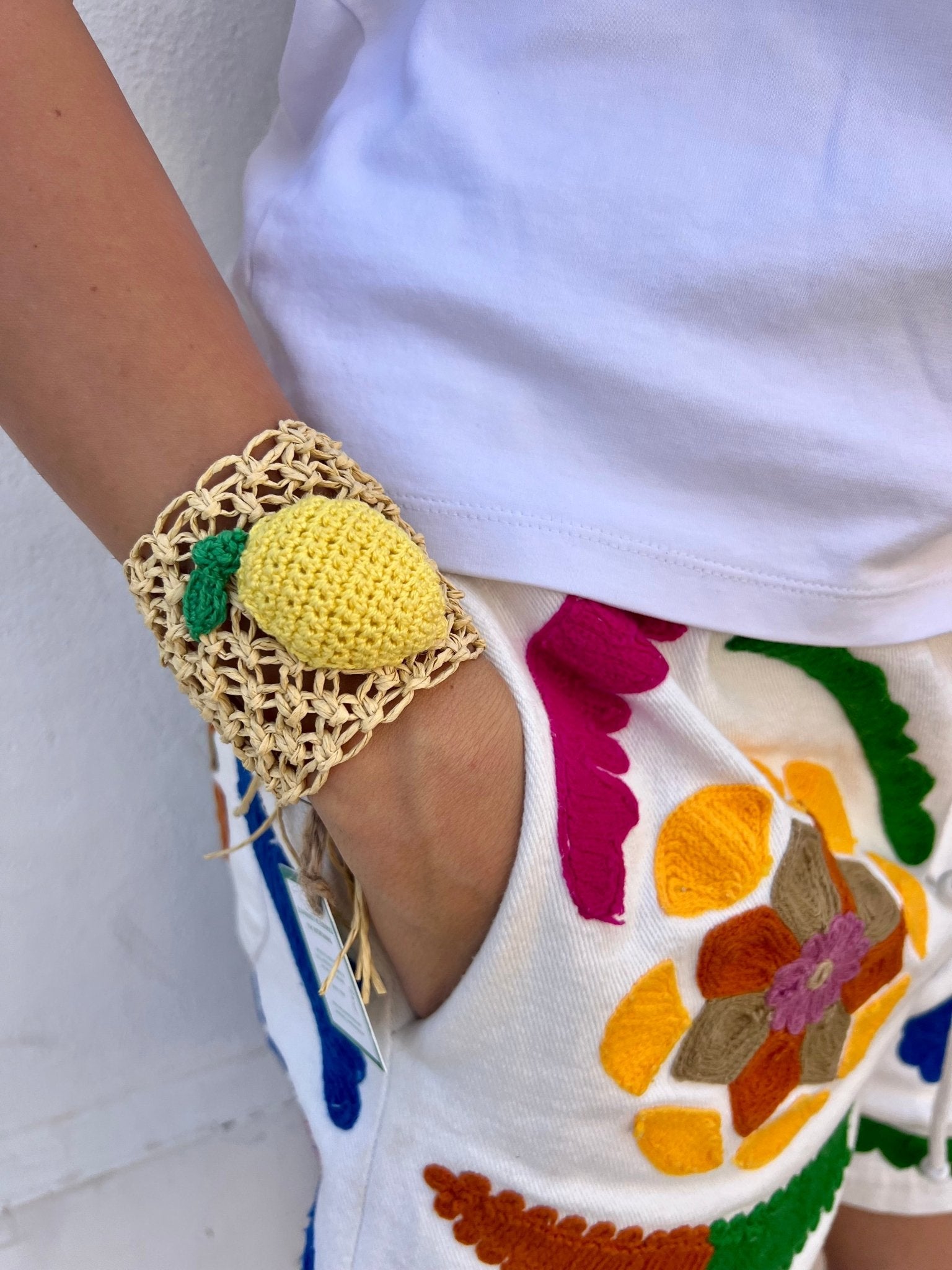 Bracelet - Cotton And Raffia Cuff bracelet Lemon
