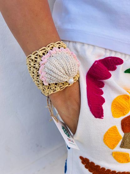 Bracelet - Cotton And Raffia Cuff bracelet Shell