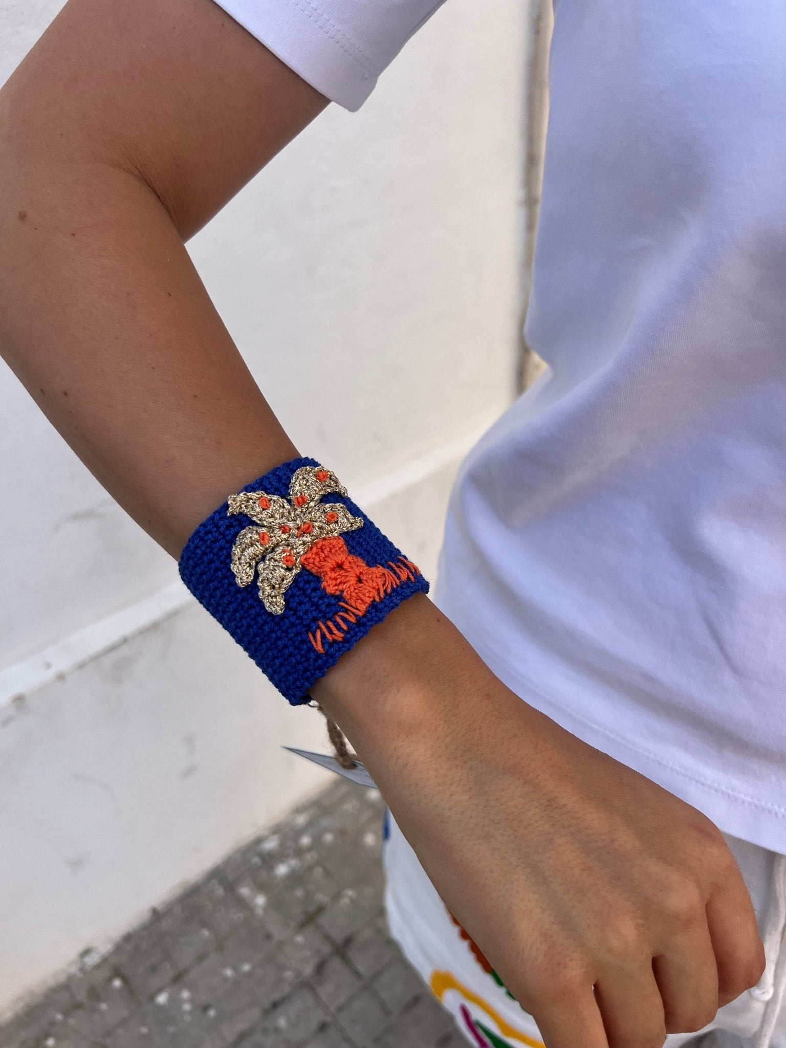 Bracelet - Cotton Cuff bracelet Palm Blue