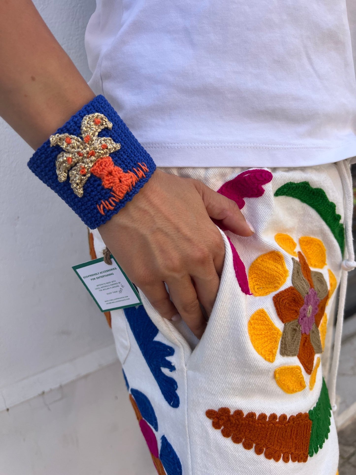 Bracelet - Cotton Cuff bracelet Palm Blue