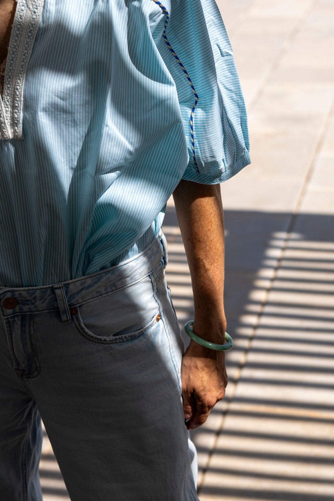 Dress - Romy Large stripes Lagoon blue dress and Blue and cream piping