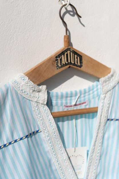 Dress - Romy Large stripes Lagoon blue dress and Blue and cream piping