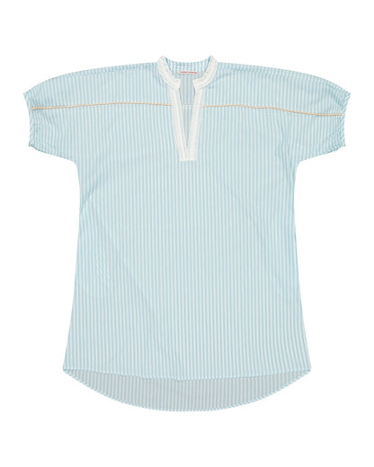 Dress - Romy Large stripes Lagoon blue dress and powder pink and cream piping