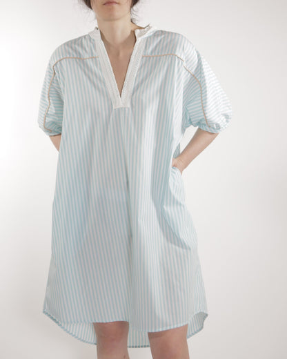 Dress - Romy Large stripes Lagoon blue dress and powder pink and cream piping