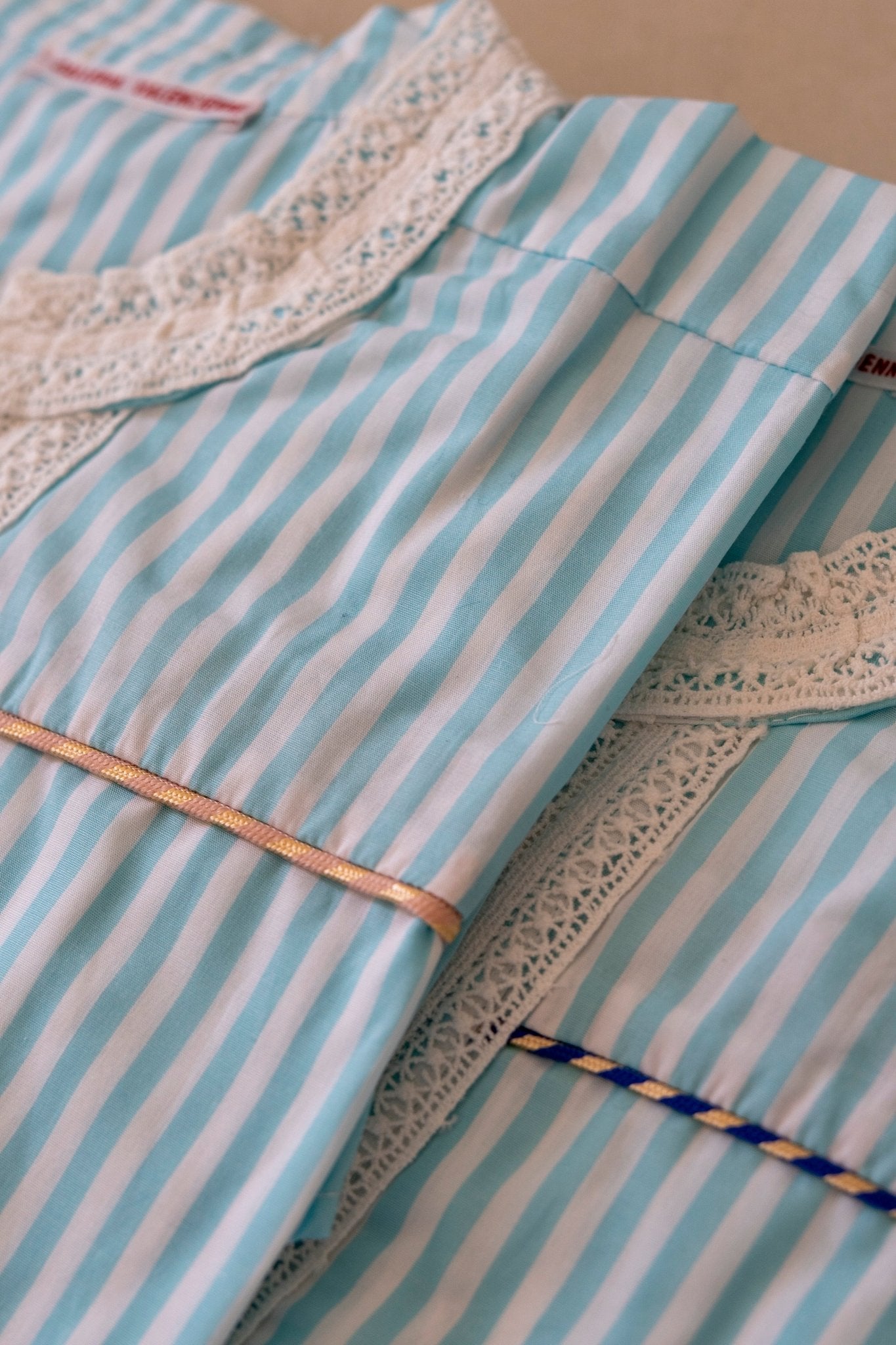 Dress - Romy Large stripes Lagoon blue dress and powder pink and cream piping