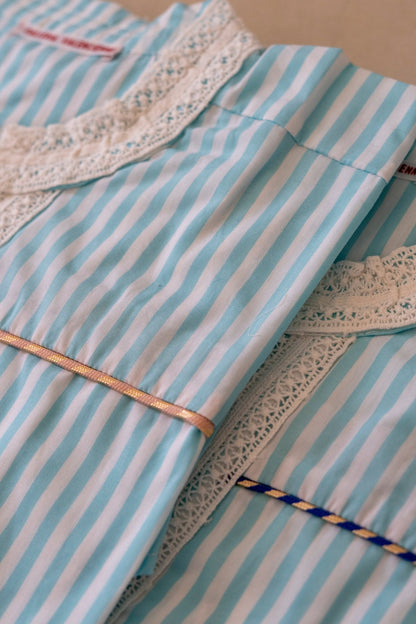 Dress - Romy Large stripes Lagoon blue dress and powder pink and cream piping