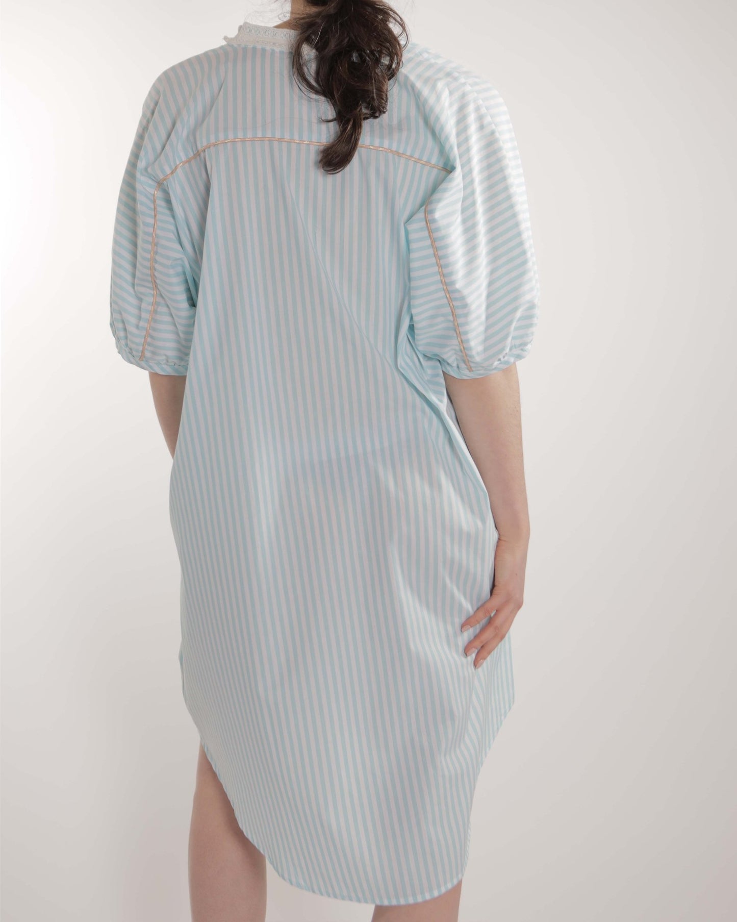 Dress - Romy Large stripes Lagoon blue dress and powder pink and cream piping
