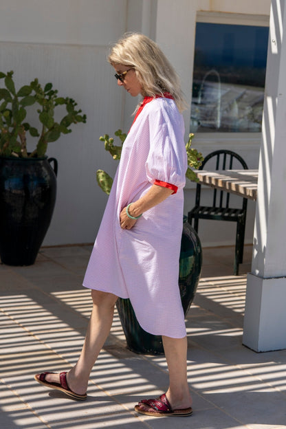 Dress - Romy Pink Gingham Dress With Lace And Red Armholes