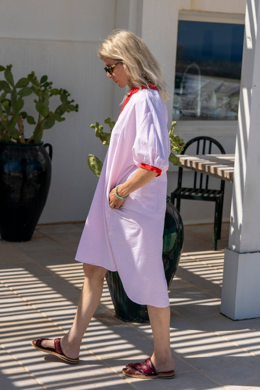 Dress - Romy Pink Gingham Dress With Lace And Red Armholes