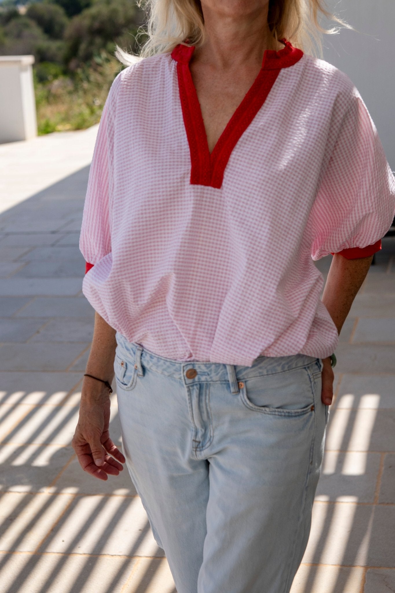 Dress - Romy Pink Gingham Dress With Lace And Red Armholes