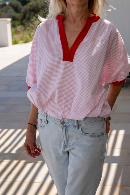 Dress - Romy Pink Gingham Dress With Lace And Red Armholes