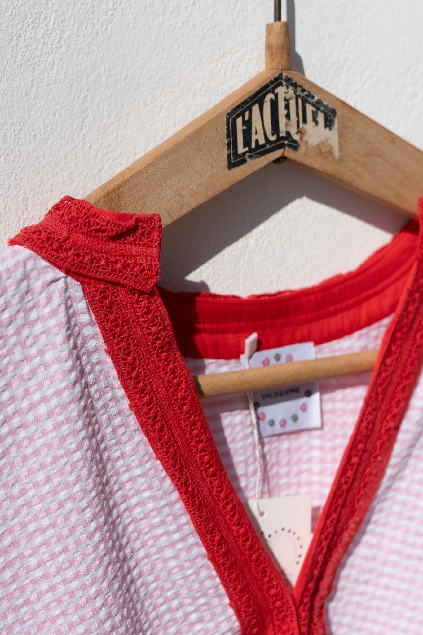 Dress - Romy Pink Gingham Dress With Lace And Red Armholes