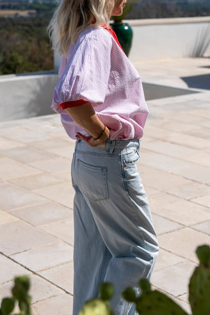 Dress - Romy Pink Gingham Dress With Lace And Red Armholes