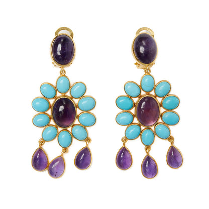 Earrings - Flower Power Amethyst and Ceramic Turquoises Clip Earrings