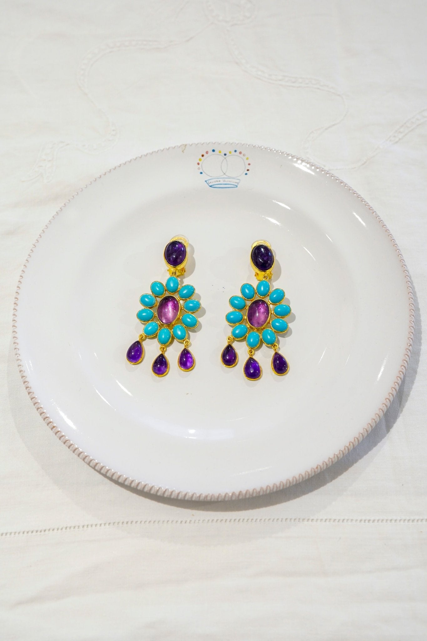 Earrings - Flower Power Amethyst and Ceramic Turquoises Clip Earrings