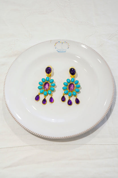 Earrings - Flower Power Amethyst and Ceramic Turquoises Clip Earrings