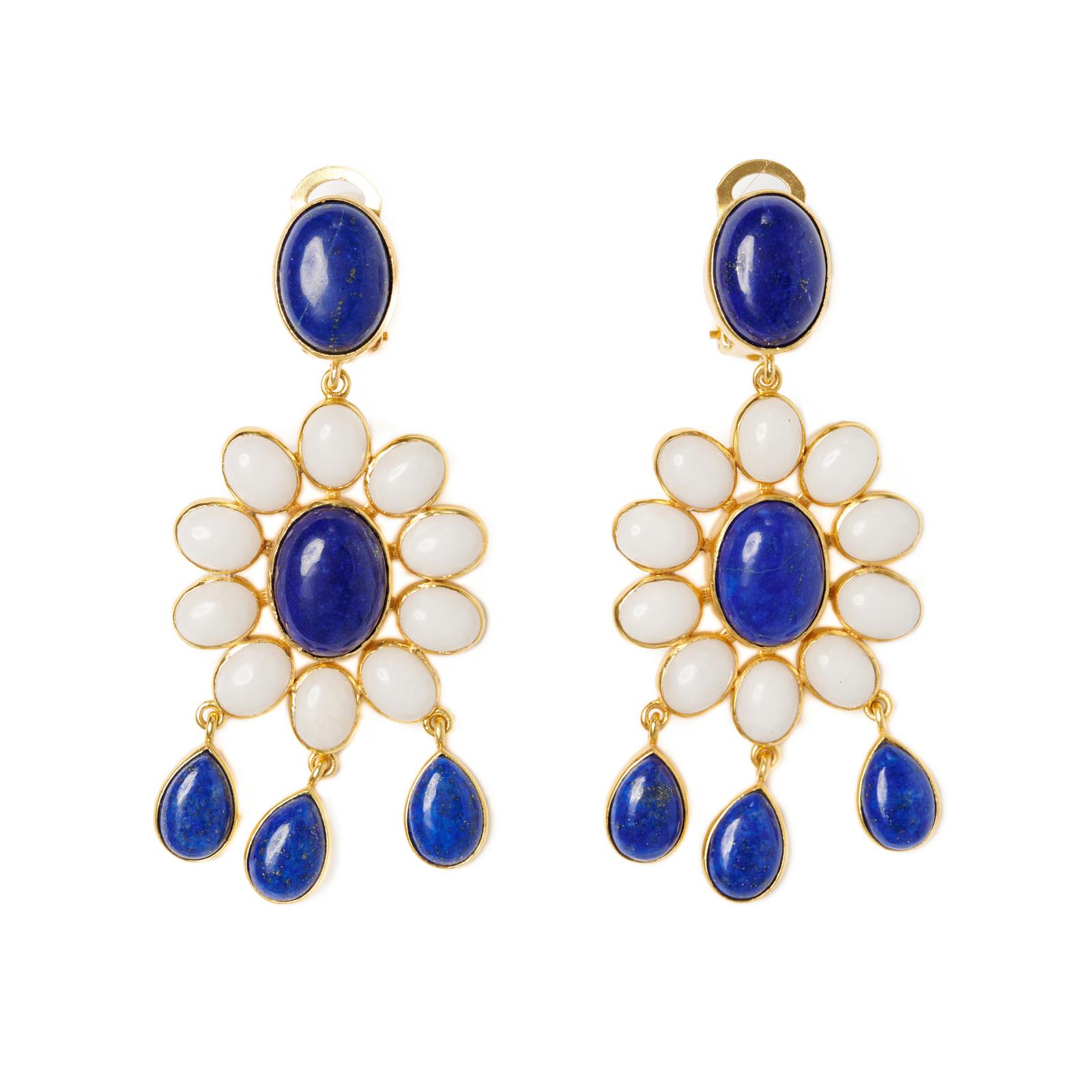 Earrings - Flower Power Lapis lazuli and White Quartz Stone Clip Earrings
