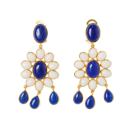 Earrings - Flower Power Lapis lazuli and White Quartz Stone Clip Earrings