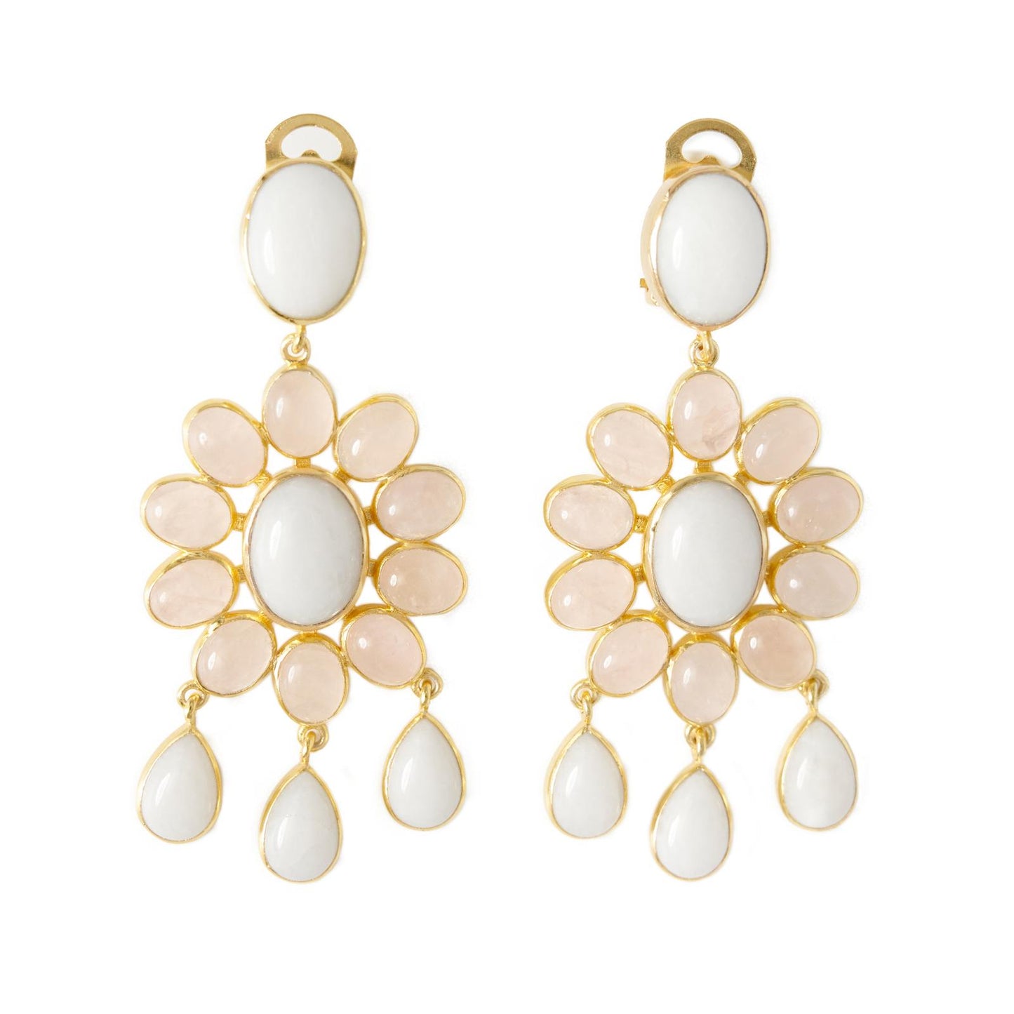 Earrings - Flower Power White Quartz and Rose Quartz Clip Earrings