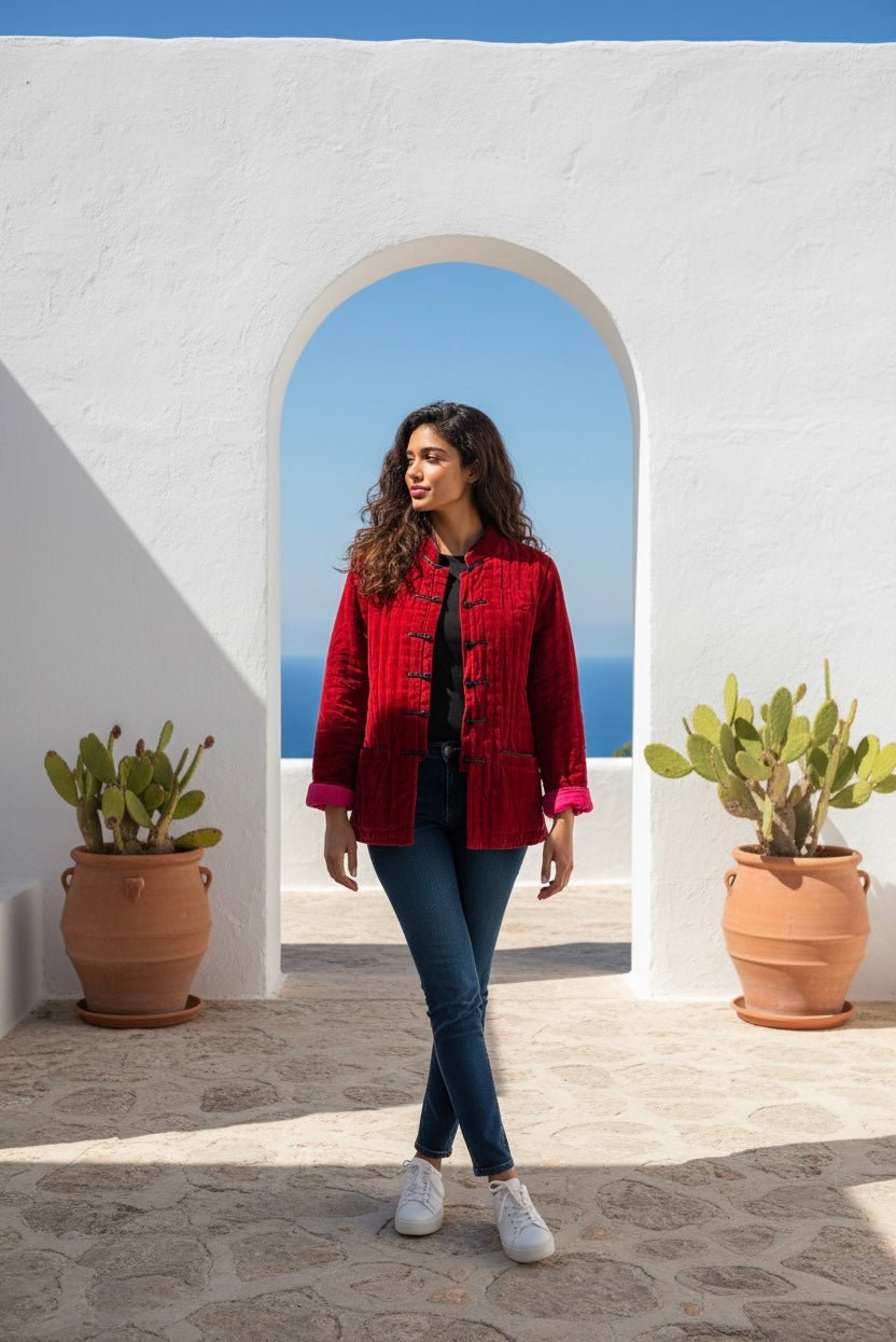 Jacket Women - Chinese Panne Velvet Jacket Pumkin with Hand Embroidery