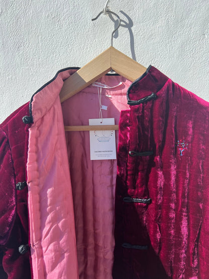 Jacket Women - Chinese Panne Velvet Jacket Strawberry with Hand Embroidery