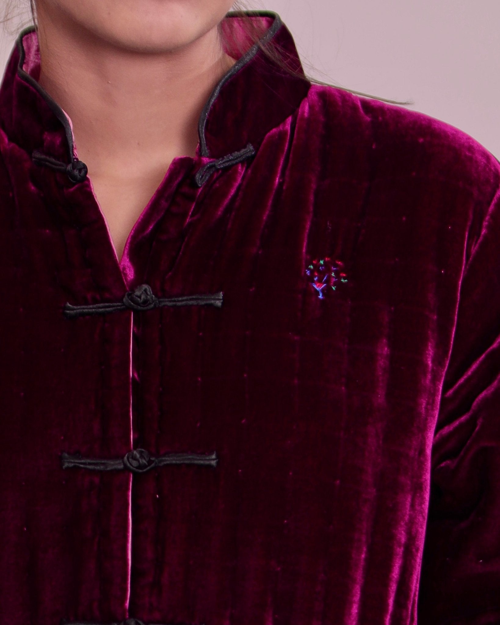 Jacket Women - Chinese Panne Velvet Jacket Strawberry with Hand Embroidery